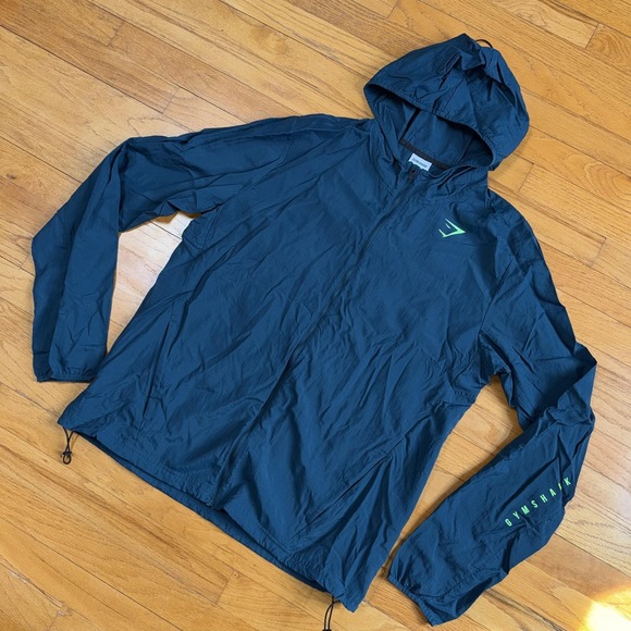 Gymshark Jacket Mens L Blue Hooded Lightweight Windbreaker Running Run Pockets - Picture 6 of 9